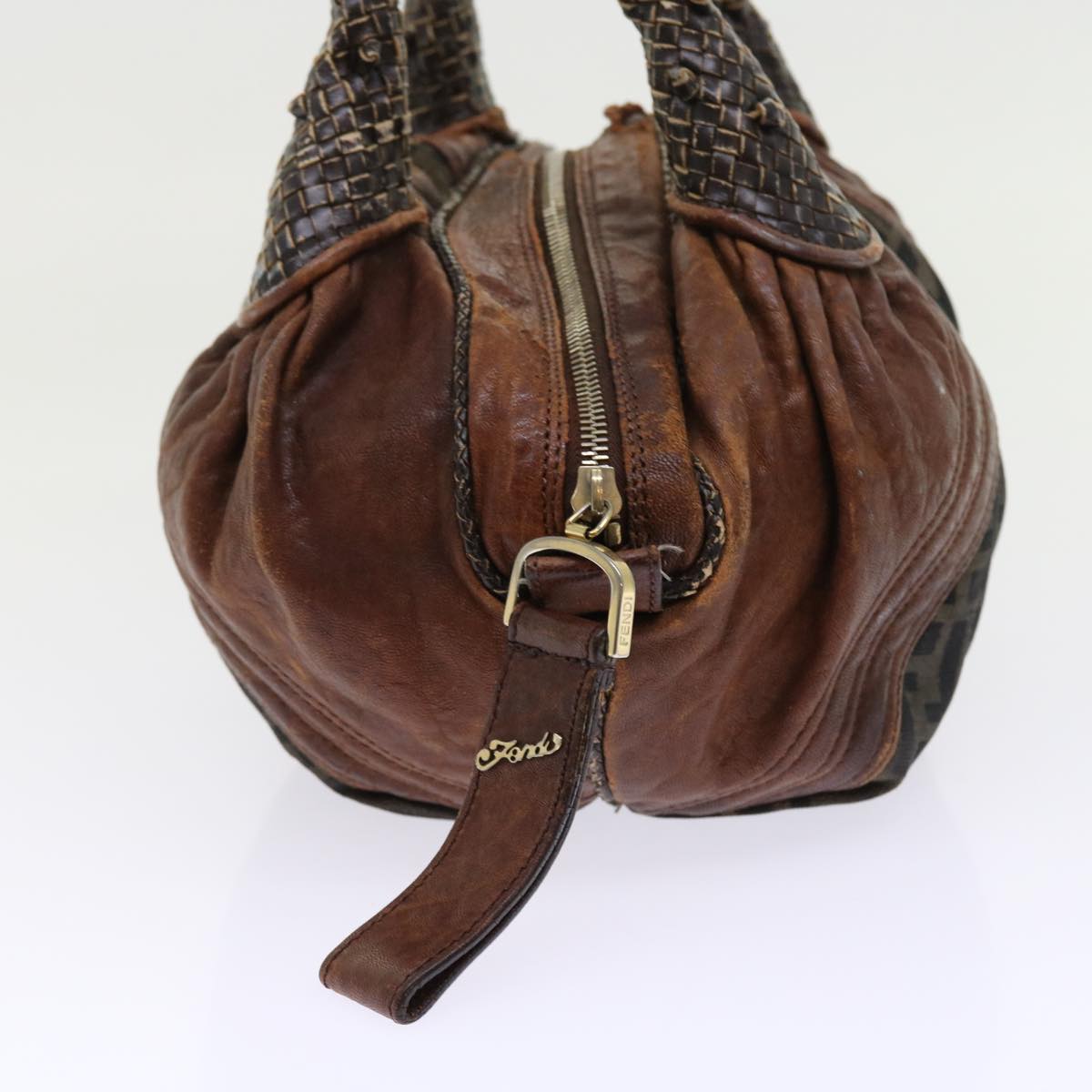 FENDI Zucca Canvas Spy Hand Bag Nylon Leather Brownbs8264