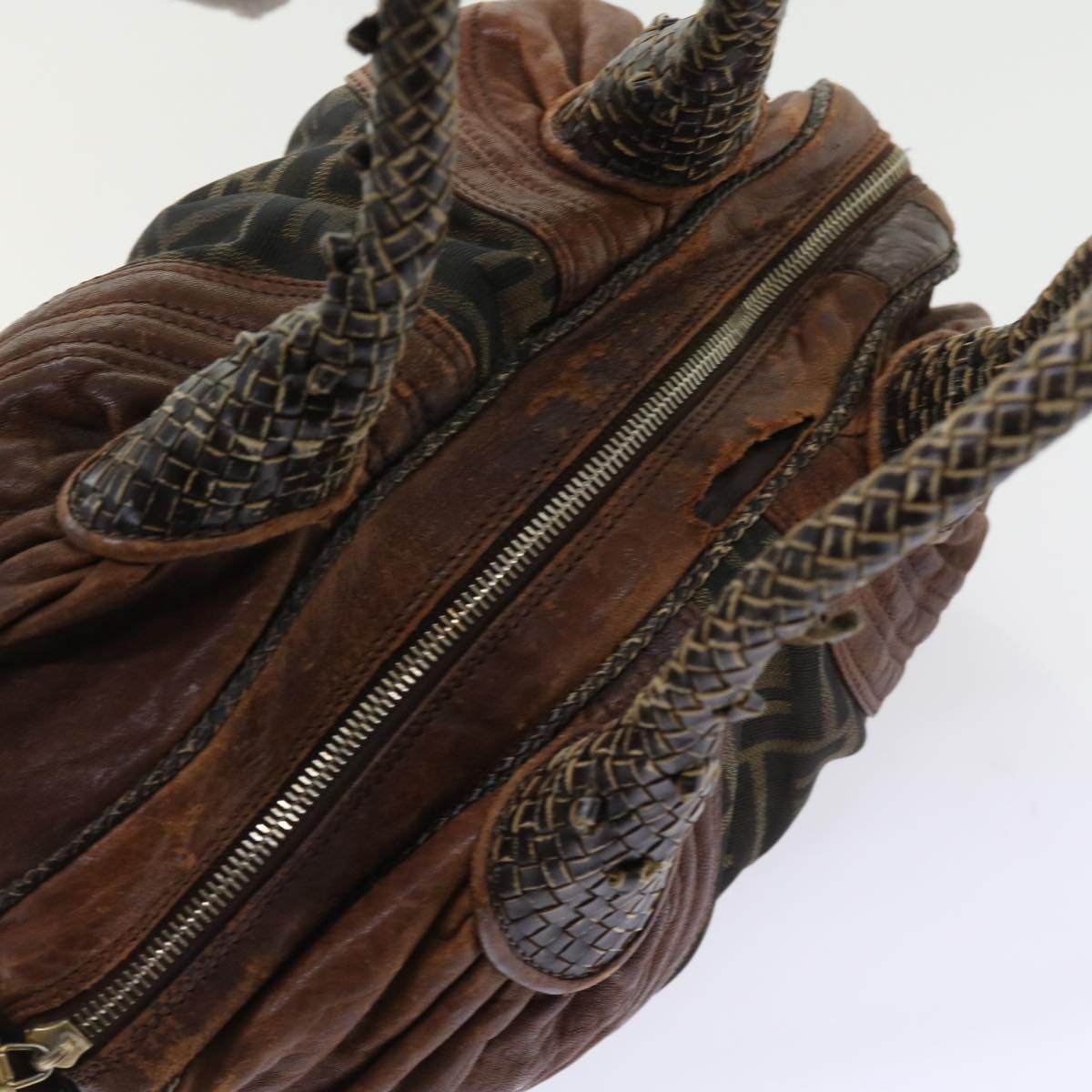 FENDI Zucca Canvas Spy Hand Bag Nylon Leather Brownbs8264