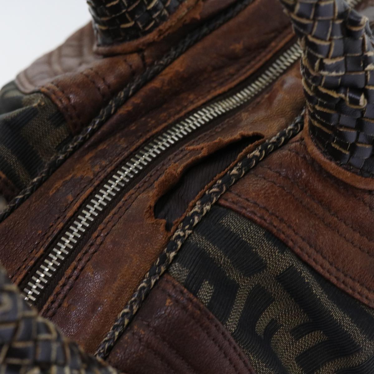 FENDI Zucca Canvas Spy Hand Bag Nylon Leather Brownbs8264