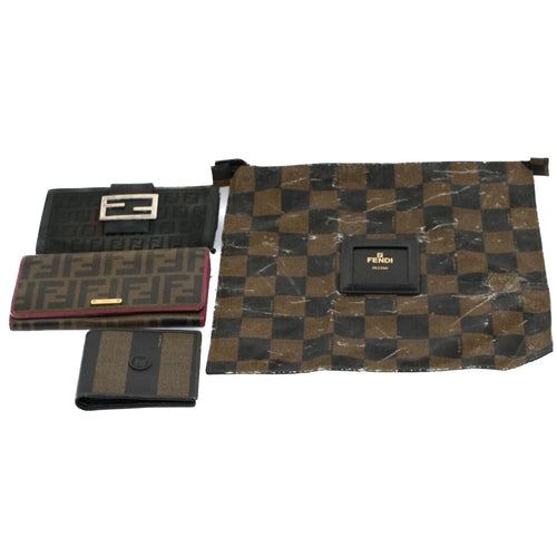 FENDI Zucca Zucchino Canvas Pouch Wallet Canvas 4Set Brown Blackbs8399