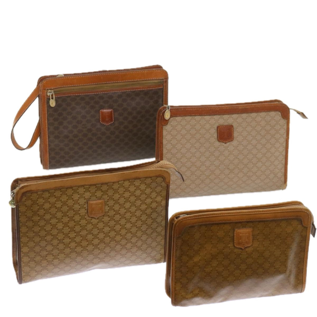 CELINE Macadam Canvas Clutch Bag PVC Leather 4Set Brown Beige  8705
