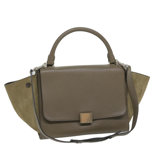 CELINE Trapeze Hand Bag Leather 2way Brown Gray  8887