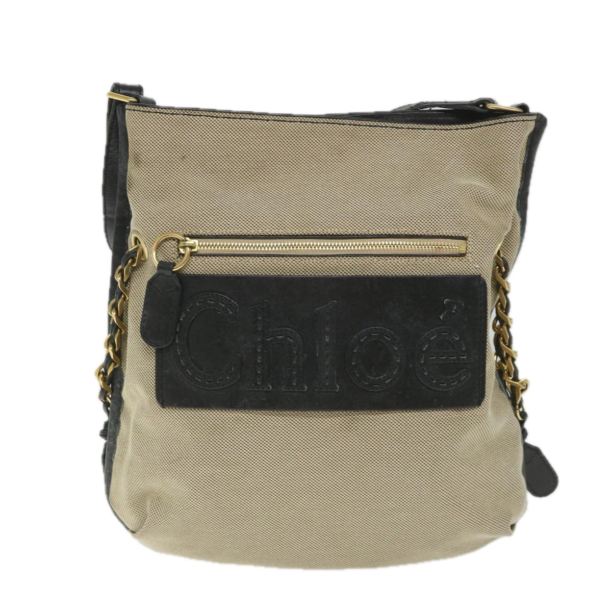 Chloe Harley Shoulder Bag Canvas Leather Beige Black bs9282
