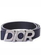Silver Logo Buckle Leather Belt Black Dior