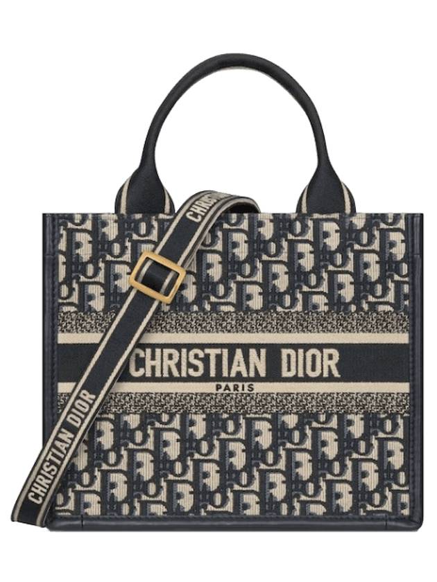 Small Book Oblique Embroidery Calf Skin Tote Blue Dior