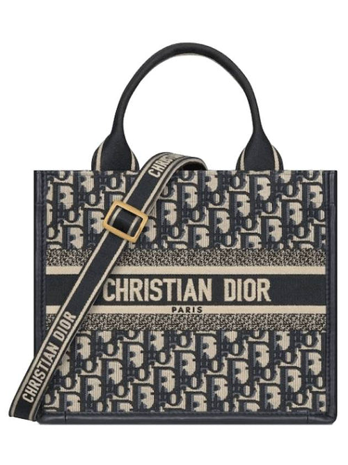 Small Book Oblique Embroidery Calf Skin Tote Blue Dior