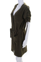 Chloe Womens Silk V Neck Short Sleeves Button Down Dress Khaki Green