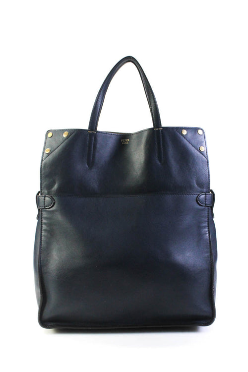 Fendi Womens Leather Gold Tone Flip Tote Shoulder Handbag Navy Blue Brown