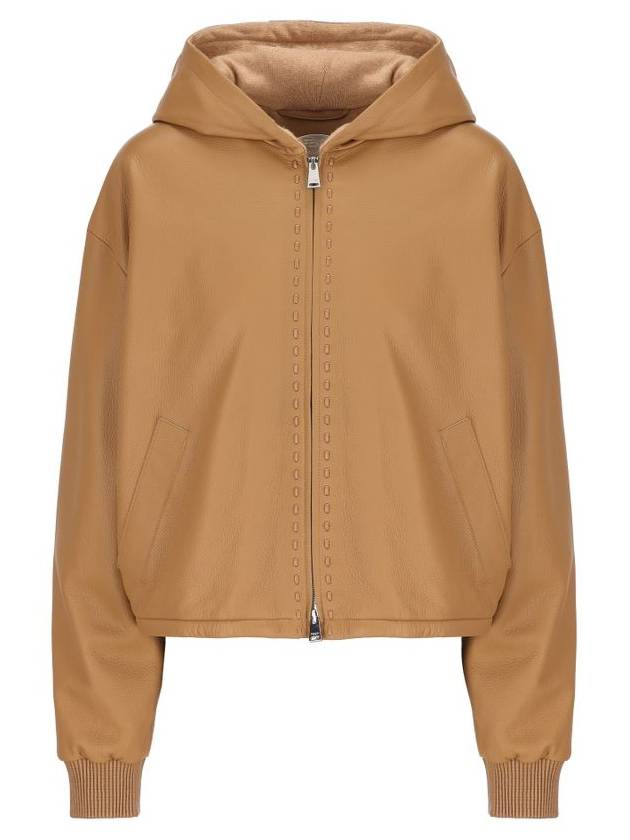 Fendi Leather Zip Up Hoodie Beige