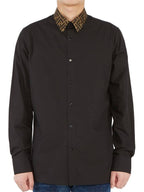 Fendi FF Jacquard Collar Slim Fit Poplin Long Sleeve Shirt Black