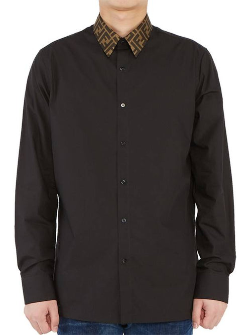 Fendi FF Jacquard Collar Slim Fit Poplin Long Sleeve Shirt Black