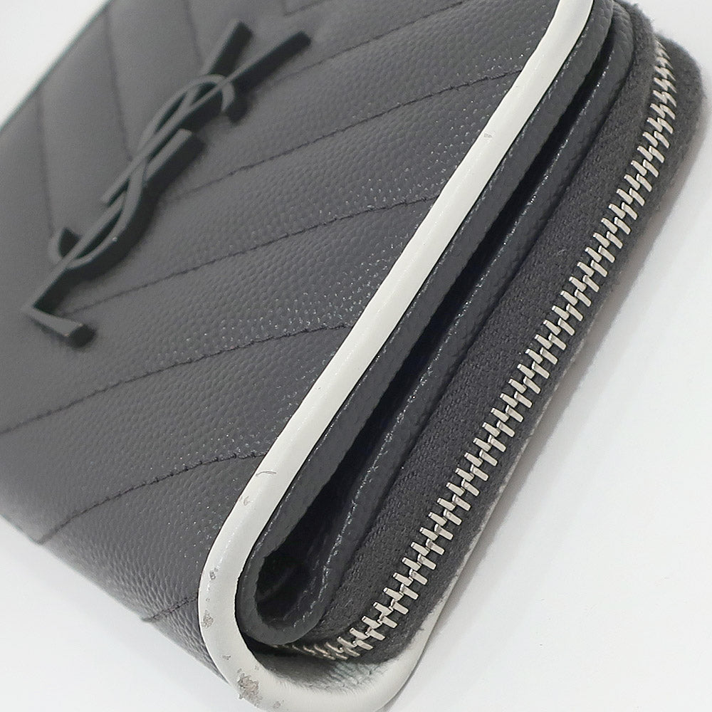 Saint Laurent Double Fold Wallet Compact Round  V Stitch Gr/White Silver  YSL Logo Leather Women  Dress Small etc. Other Preservation Bag