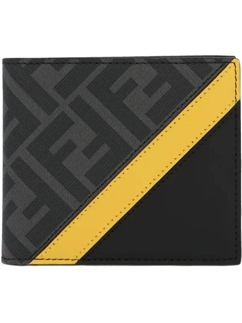 Fendi FF Pattern Leather Half Wallet Black Yellow