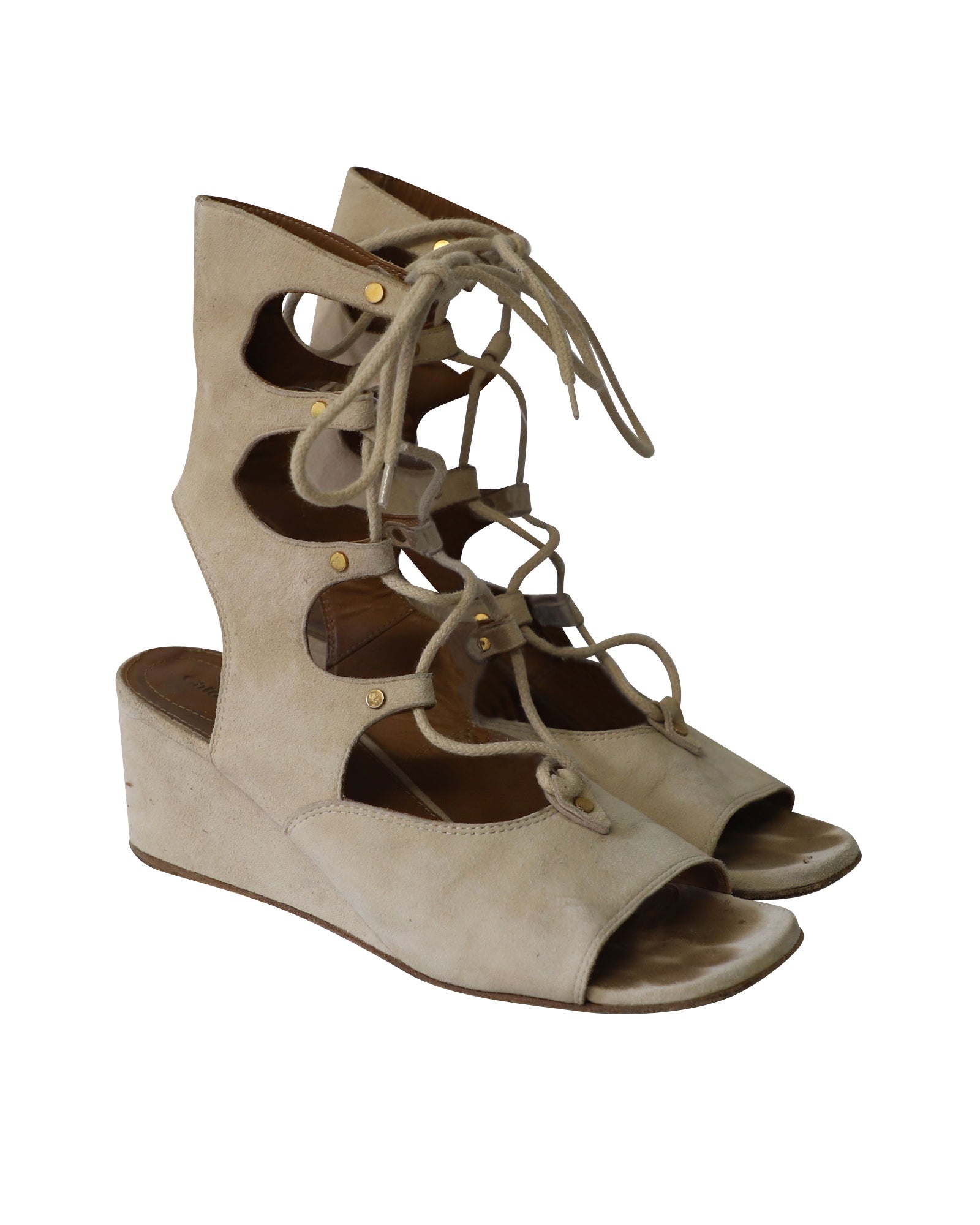 Chloe Foster Lace-Up Wedge Sandals in Nude Suede