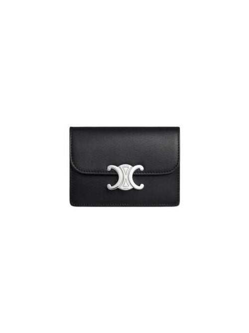 CELINE Triomphe Shiny Calfskin Flap Card Wallet Silver Black