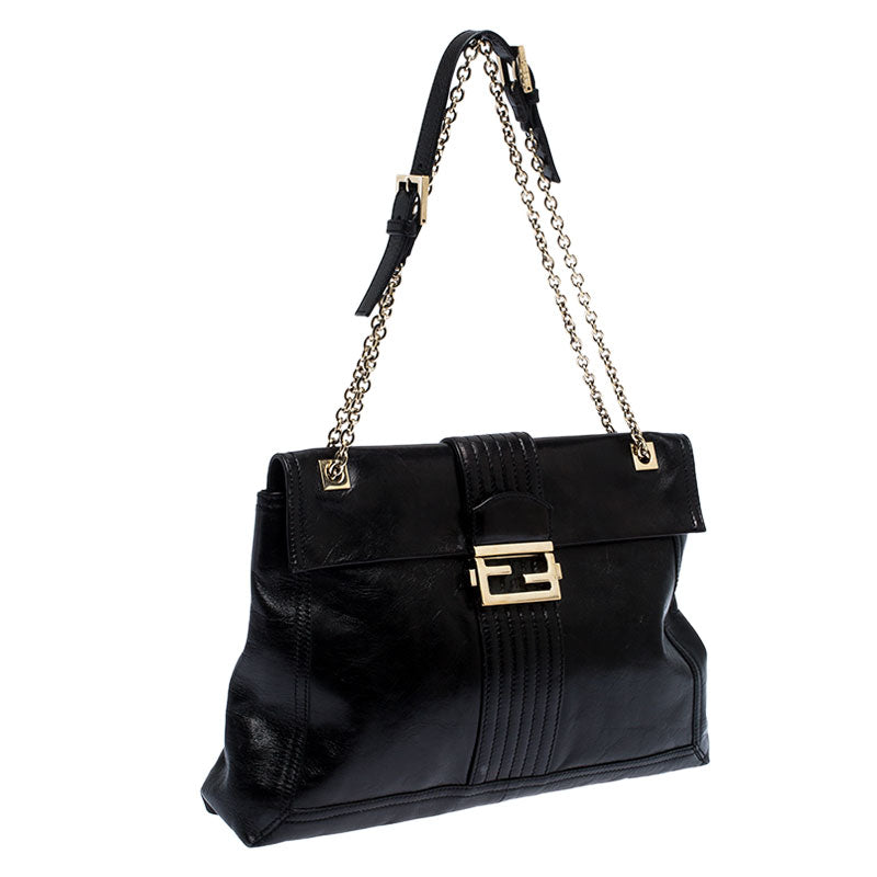 Fendi Black Leather Maxi Baguette Flap Shoulder Bag