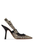 J'adior Butterfly Motif Metallic Thread Slingback Heels Black Dior