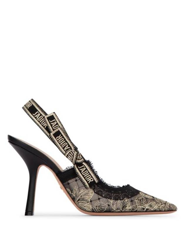 J'adior Butterfly Motif Metallic Thread Slingback Heels Black Dior