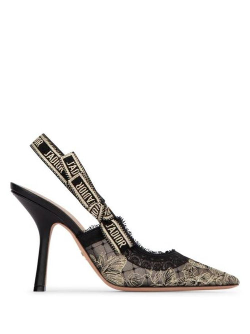 J'adior Butterfly Motif Metallic Thread Slingback Heels Black Dior