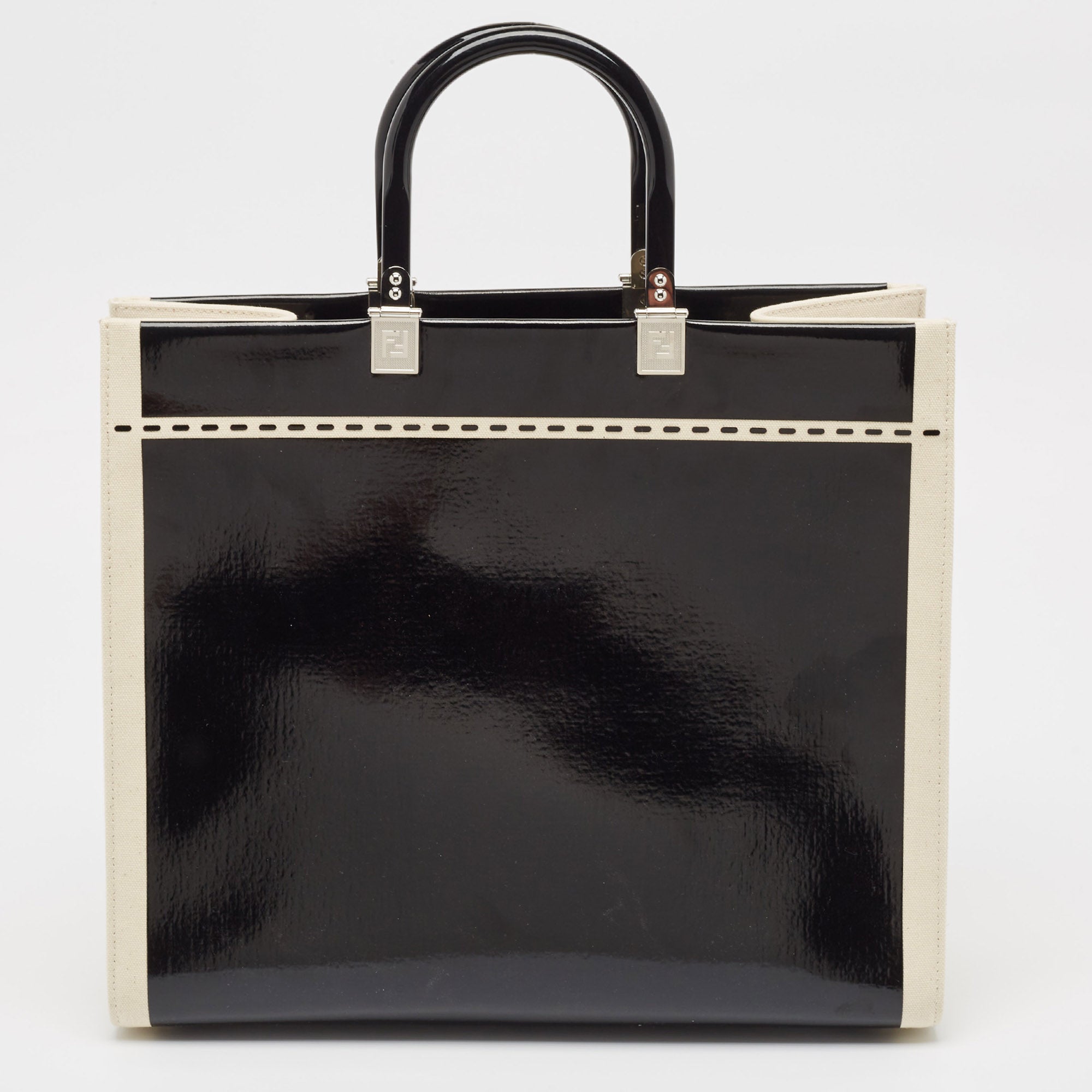 Fendi Black/off White Canvas And Patent Leather Medium Sunshine Shopper Tote