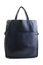 Fendi Womens Leather Gold Tone Flip Tote Shoulder Handbag Navy Blue Brown