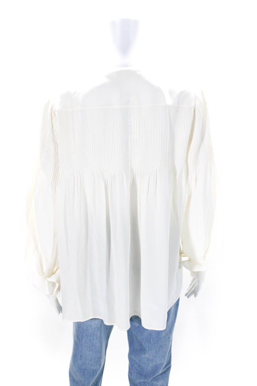 Chloe Womens Button Front Long Sleeve Crew Neck Silk Shirt White