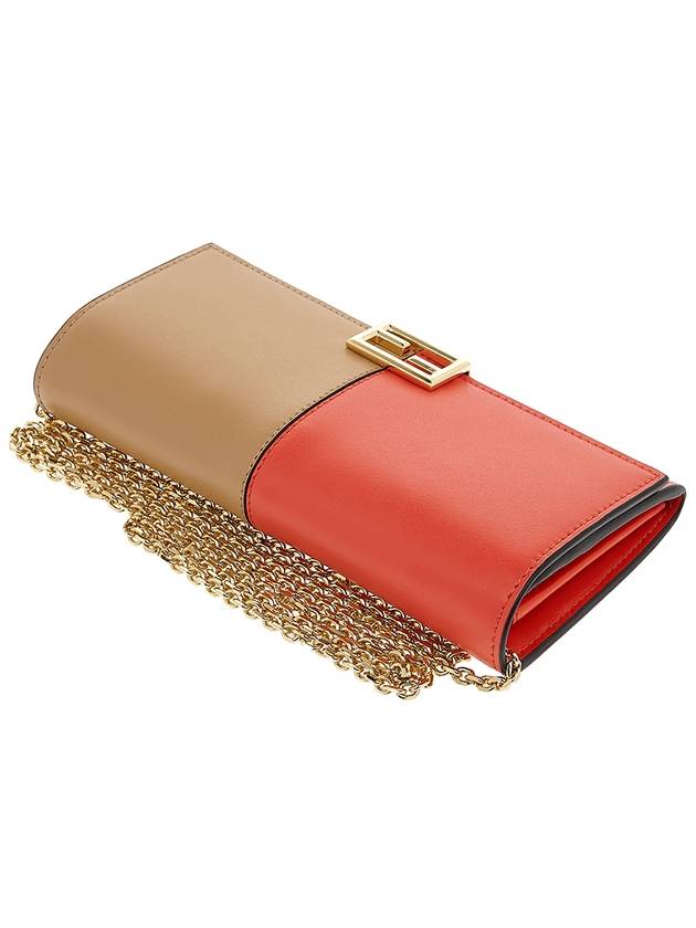 Fendi FF Continental Chain Leather Long Wallet Brown Red