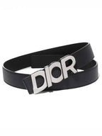 Silver Logo Buckle Leather Belt Black Dior