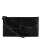 Bottega Veneta Intrecciato Weaving Gold Zipper Strap Bill Clutch Bag Black
