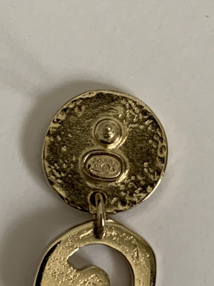 CHANEL COCO CHANEL Logo Gold Tone Disc Pearl Drop Earrings