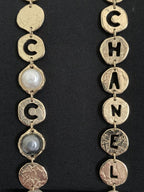 CHANEL COCO CHANEL Logo Gold Tone Disc Pearl Drop Earrings