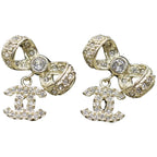 Chanel Light Gold Ribbon Bow CC Crystal Earrings