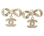 Chanel Light Gold Ribbon Bow CC Crystal Earrings
