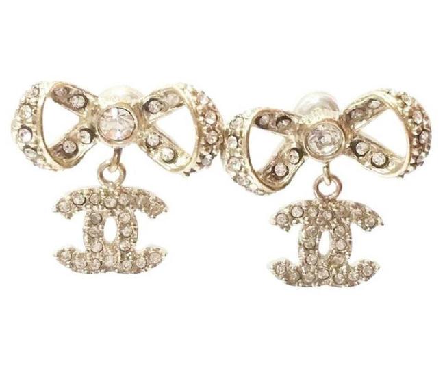 Chanel Light Gold Ribbon Bow CC Crystal Earrings