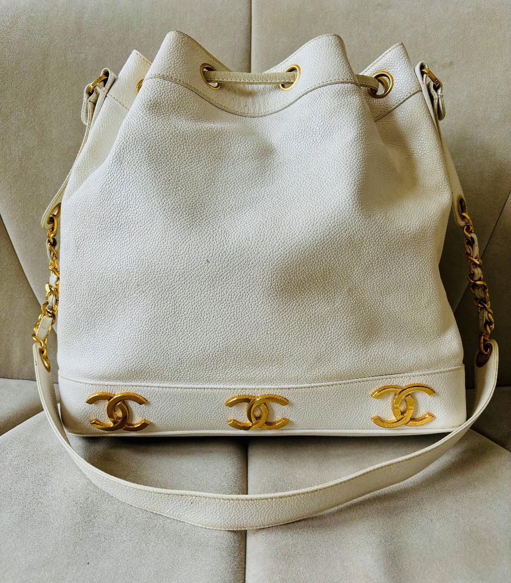 Beige Leather Chanel Bucket Bag