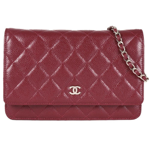 Burgundy Fabric Chanel Wallet On Chain