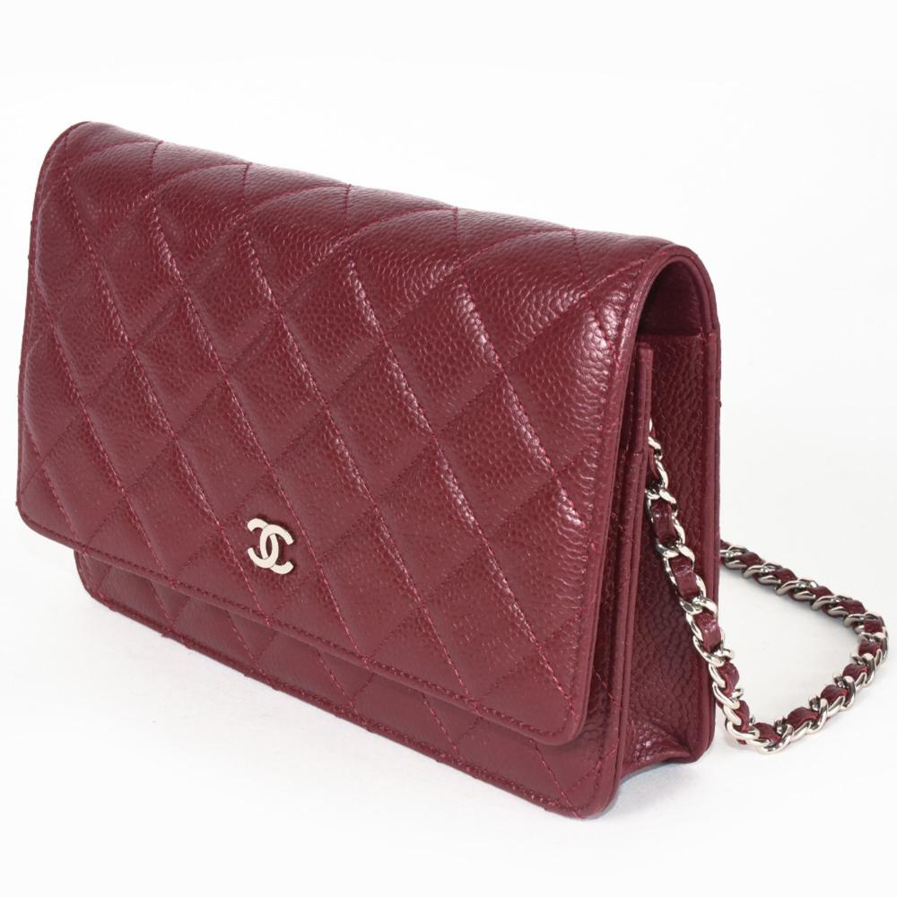 Burgundy Fabric Chanel Wallet On Chain