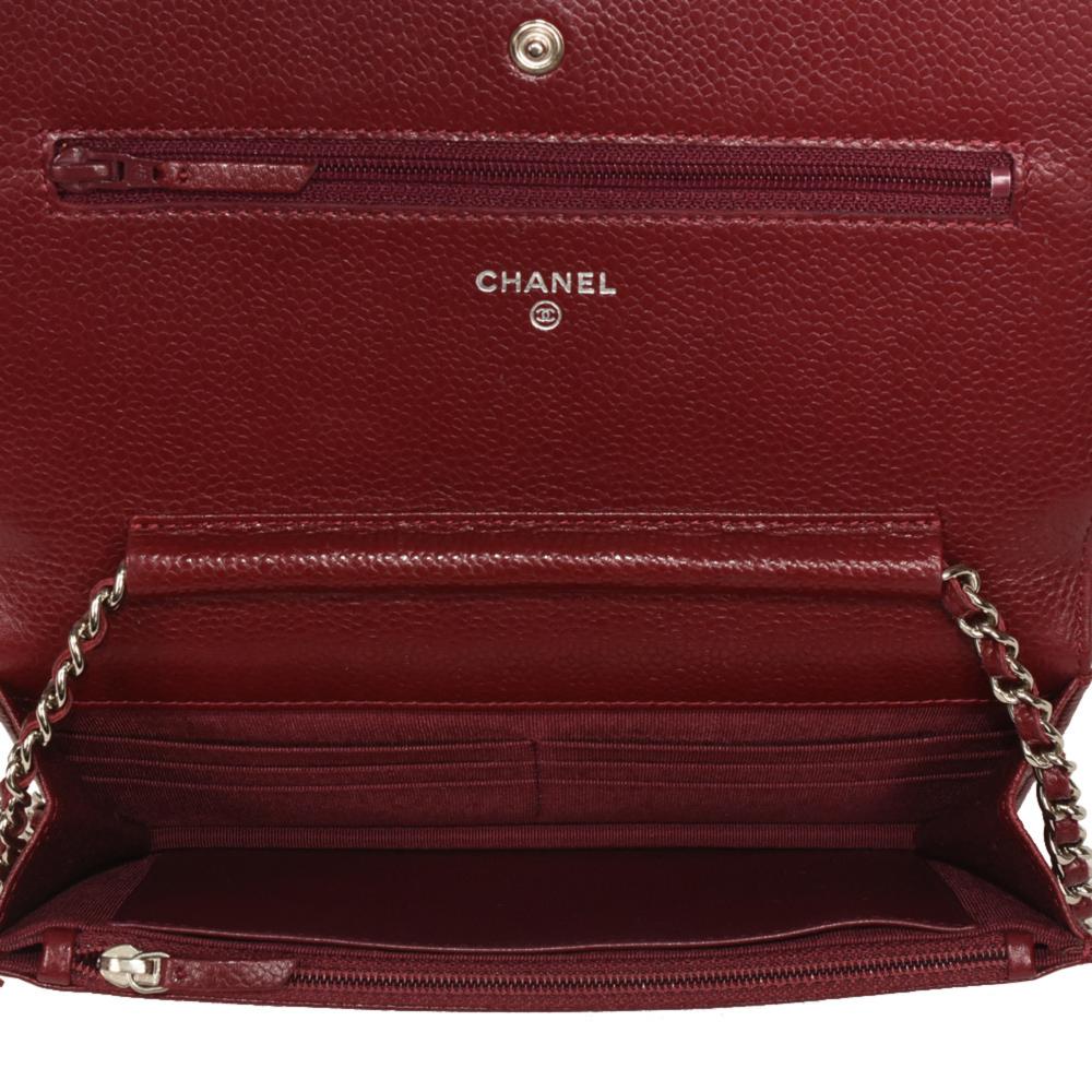 Burgundy Fabric Chanel Wallet On Chain