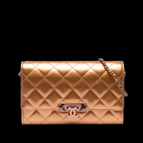 Gold Leather Chanel Wallet On Chain