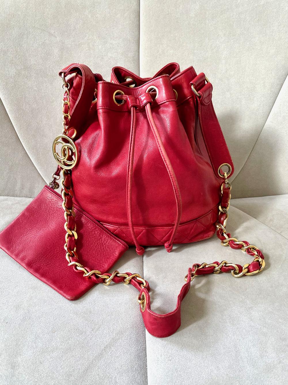 Red Leather Chanel Bucket Bag