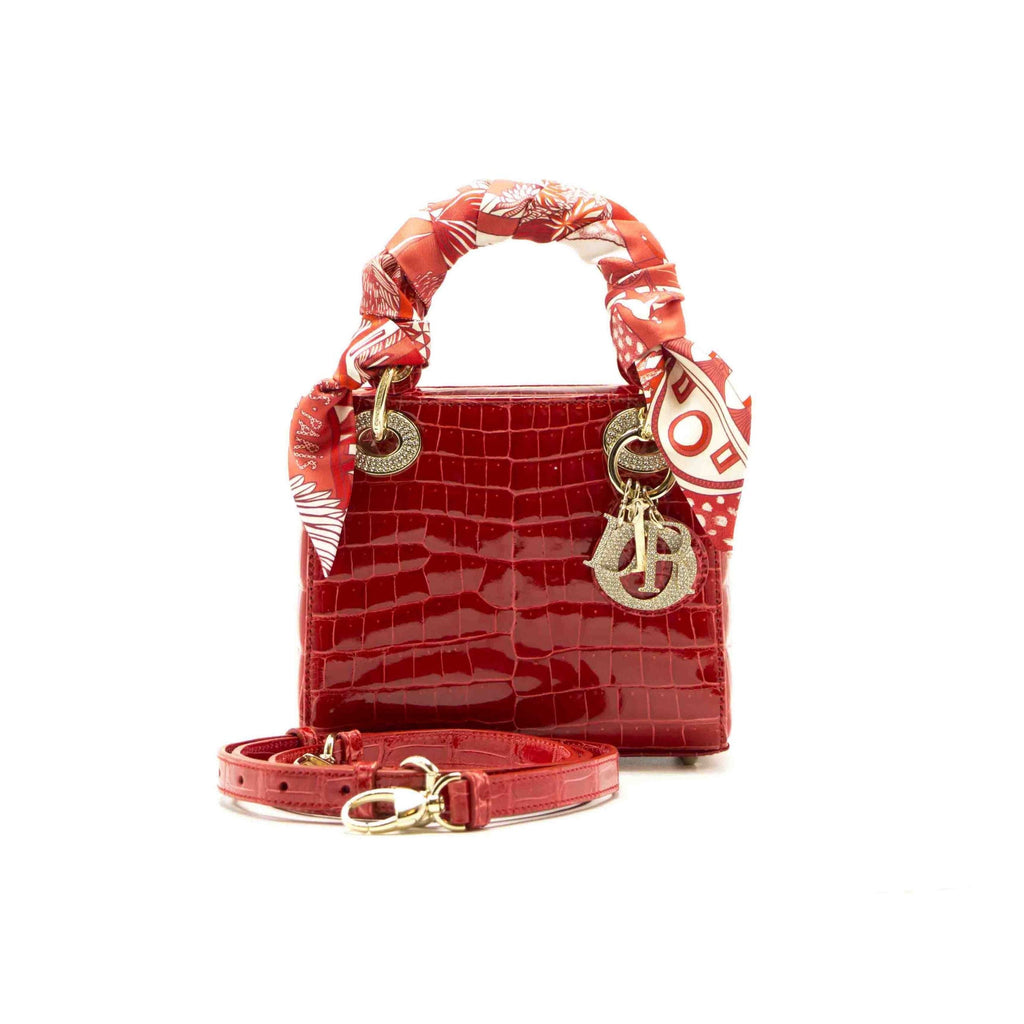Dior Red Crocodile Mini Crystal Studded Lady Dior Tote With Silk Scarf
