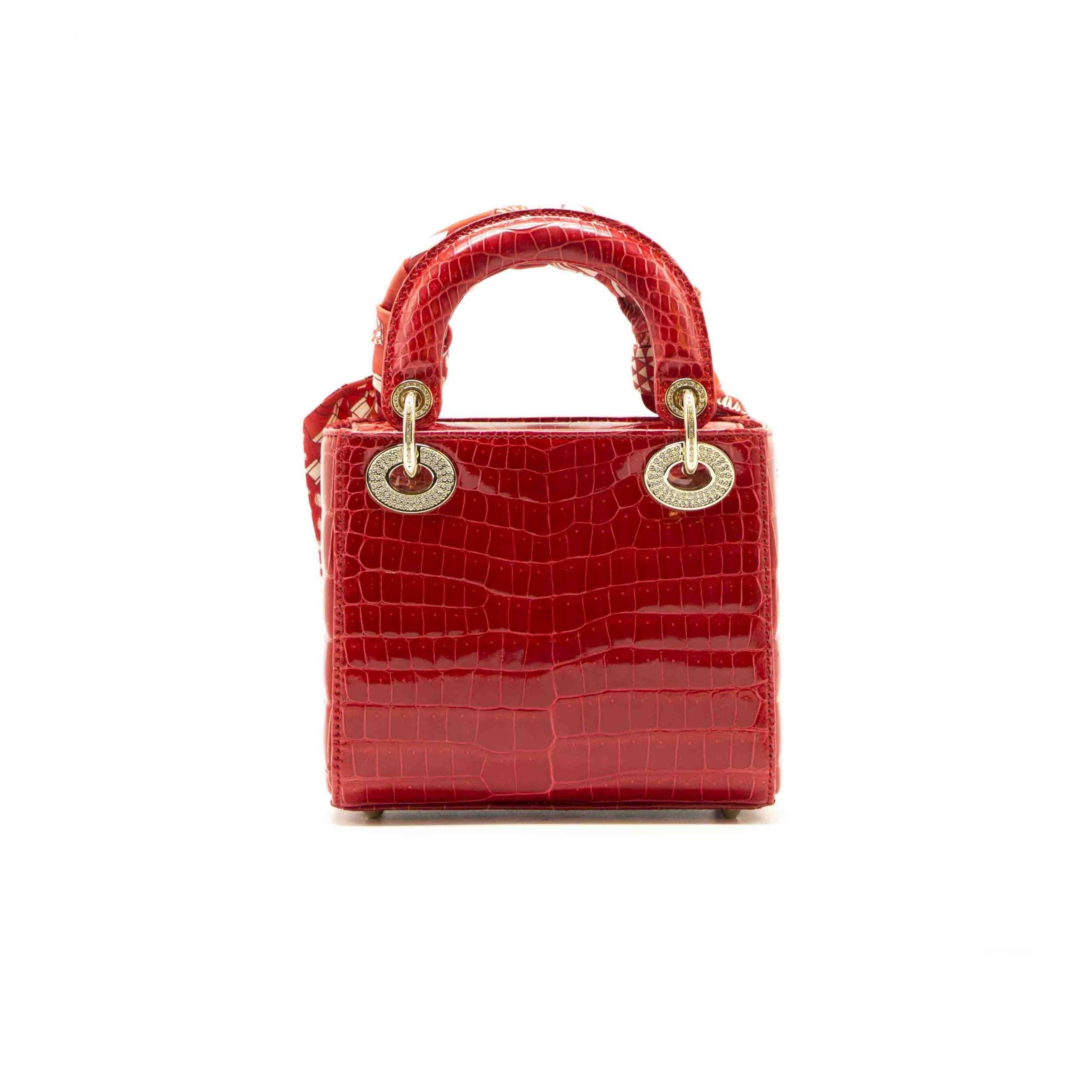 Dior Red Crocodile Mini Crystal Studded Lady Dior Tote With Silk Scarf