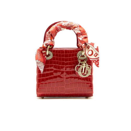 Dior Red Crocodile Mini Crystal Studded Lady Dior Tote With Silk Scarf