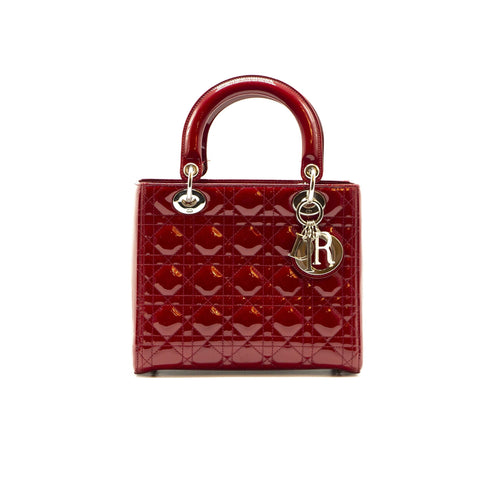Dior Rouge Patent Cannage Quilted Leather Medium Lady Dior Tote