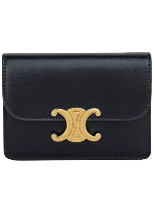 CELINE Triomphe Shiny Calfskin Flap Card Wallet Black