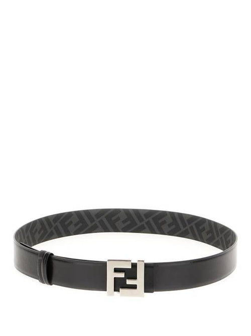 Fendi FF Square Buckle Reversible Leather Canvas Belt Black