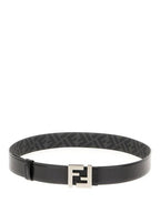 Fendi FF Square Buckle Reversible Leather Canvas Belt Black