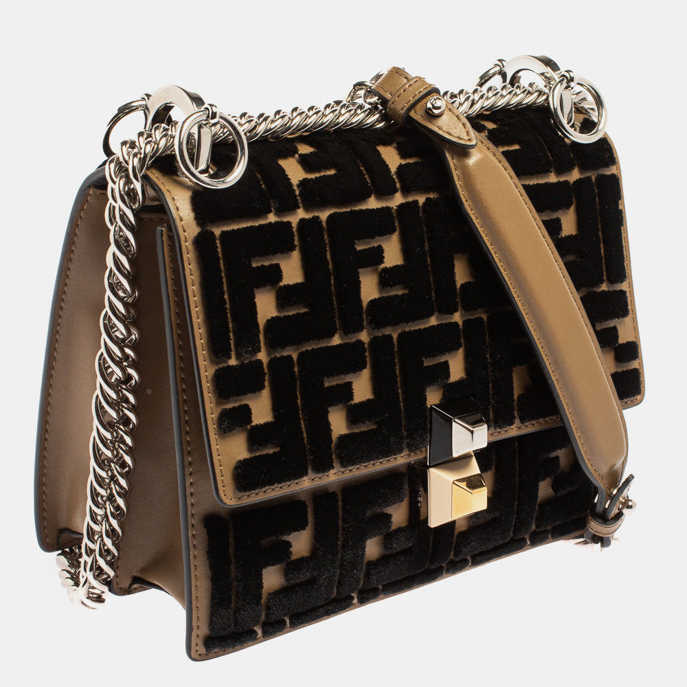 Fendi  Leather And Velvet Small Kan I Chain Shoulder Bag
