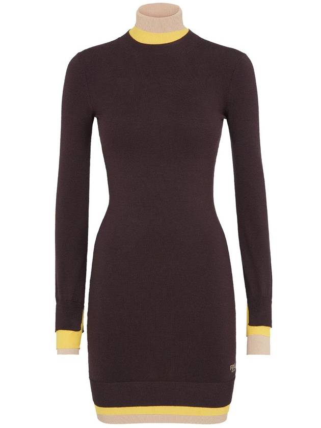 Fendi High Neck Wool Short Dress Dark Purple