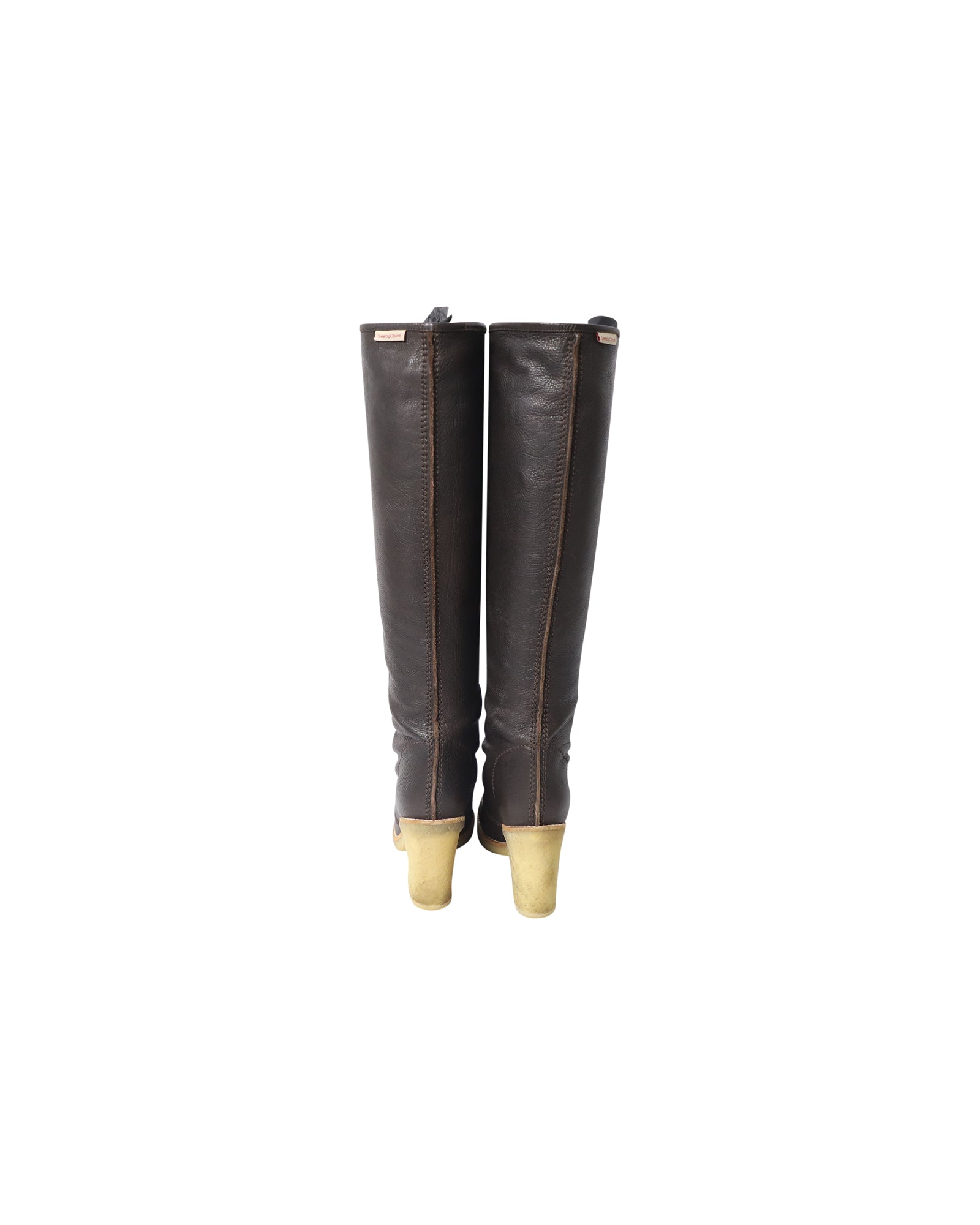 See by Chloe Knee High Boots with Rubber Sole in Brown Leather